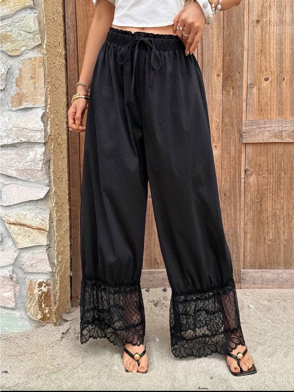 Women's Black Lace-Trim Bubble Wide Leg Pants